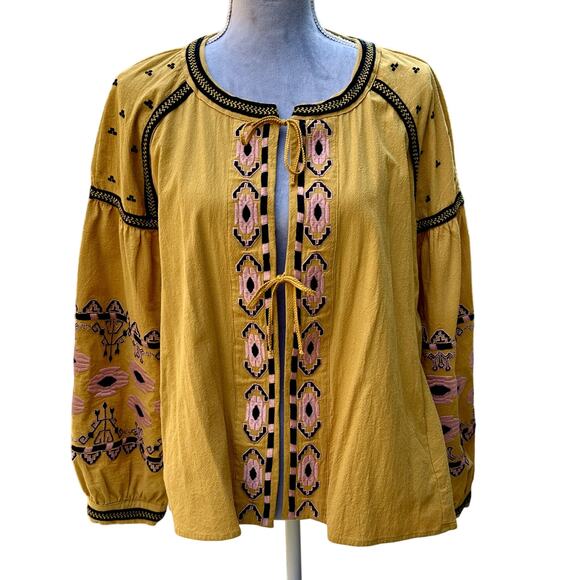 RD & KoKo Mustard Gold Yellow Embroidered Peasant Blouse XL - Picture 1 of 9